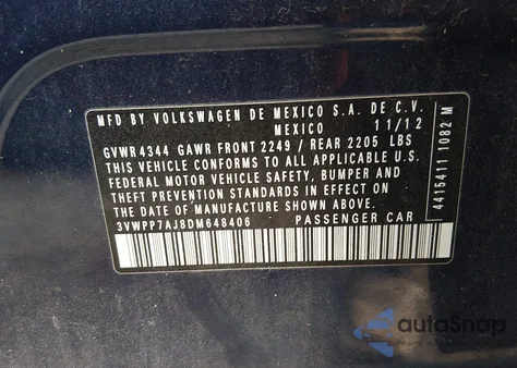 2013 Volkswagen Jetta Sportwagen 2.5L S z USA, uszkodzony, nr VIN 3VWPP7AJ8DM648406